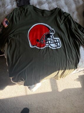 Nike Men's Olive Green Long Sleeve Tee with Red Helmet Graphic